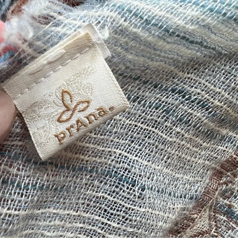 PRANA Mae Scarf Wrap Fringed Striped Tan Blue Cream Multicolored 100% Wool